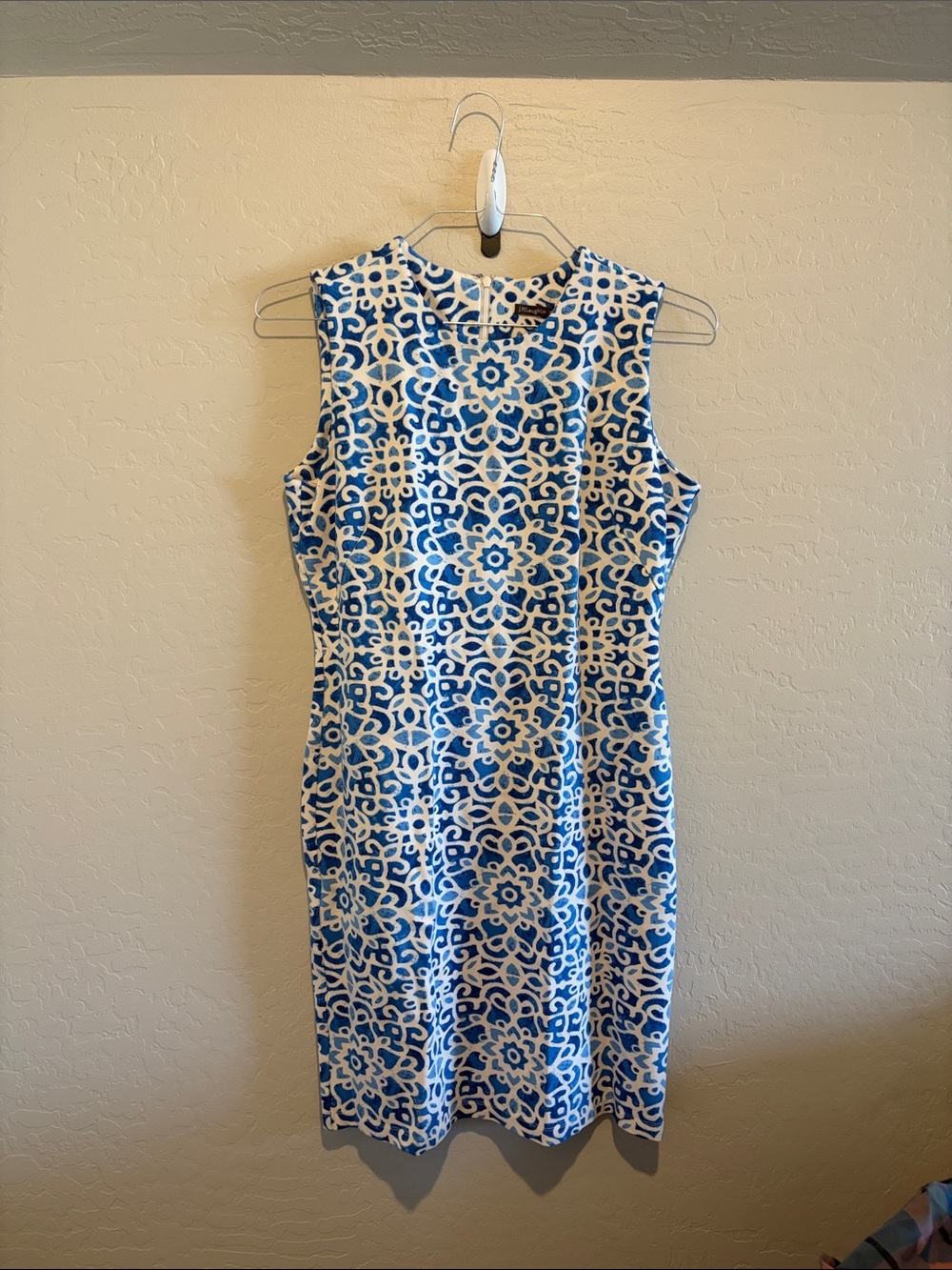 Sleeveless White Midi Dress with Blue Geometric Print